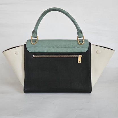 Celine Navy Blue/Green Leather and Suede Medium Trapeze Top Handle Bag