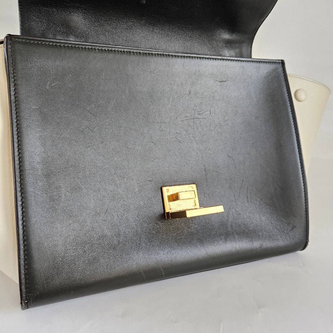 Celine Navy Blue/Green Leather and Suede Medium Trapeze Top Handle Bag