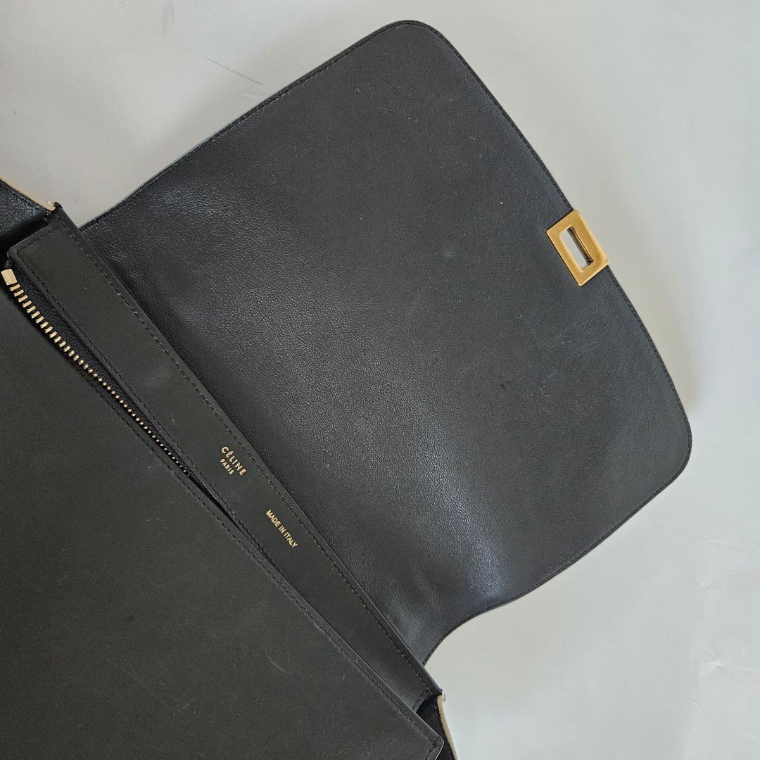 Celine Navy Blue/Green Leather and Suede Medium Trapeze Top Handle Bag