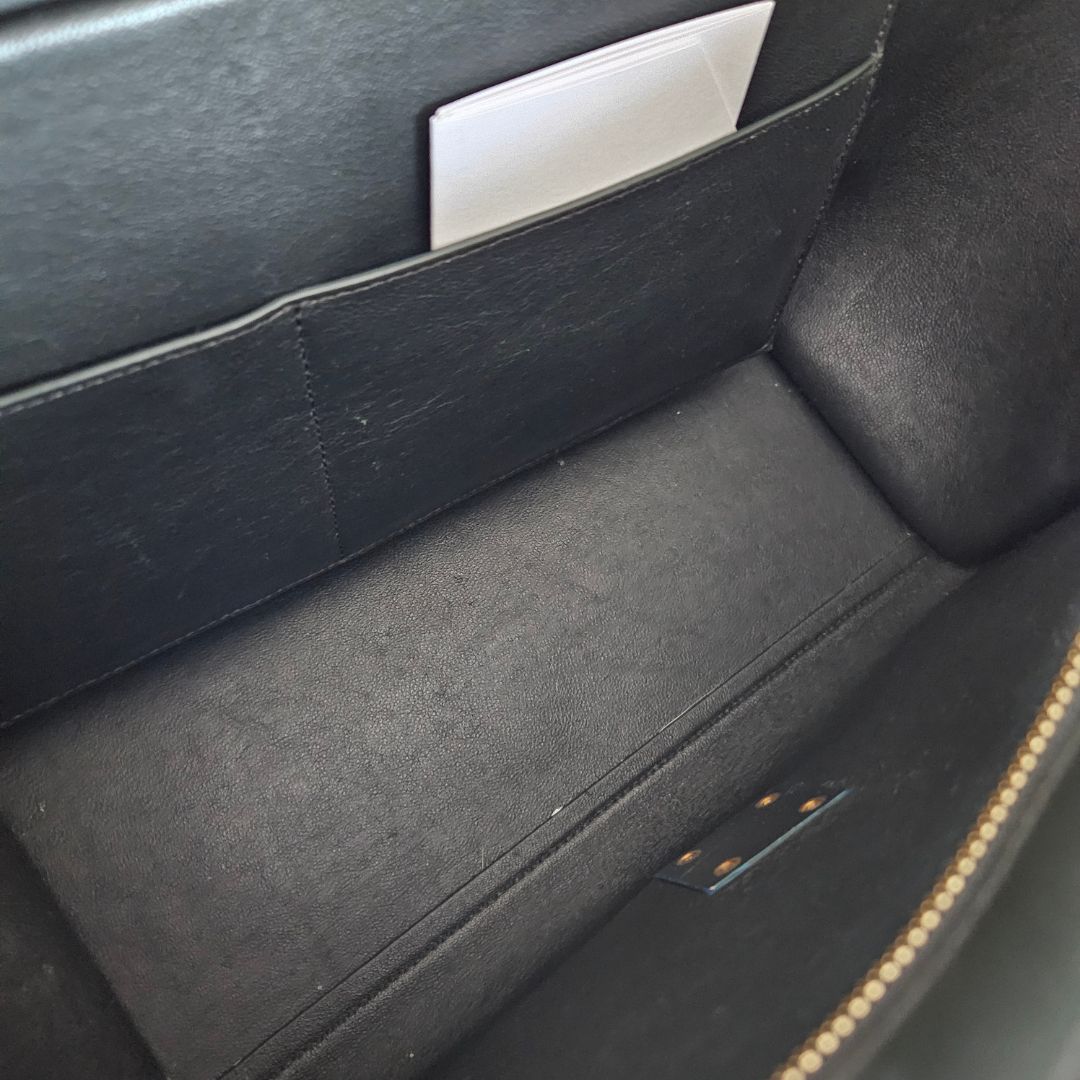 Celine Navy Blue/Green Leather and Suede Medium Trapeze Top Handle Bag