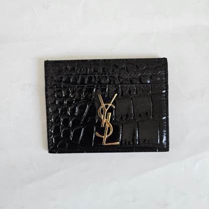 Saint Laurent black crocodile embossed cardholder with gold monogram