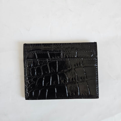 Saint Laurent black crocodile embossed cardholder with gold monogram
