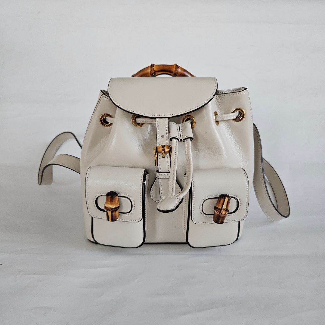 Gucci White Leather Bamboo Backbag
