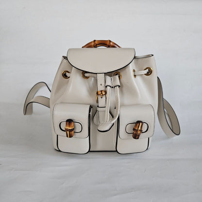 Gucci White Leather Bamboo Backbag
