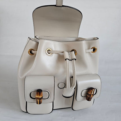 Gucci White Leather Bamboo Backbag