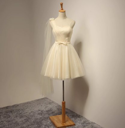 Champagne A-line sweetheart neck tulle short prom dress, champagne bridesmaid dress ED0971