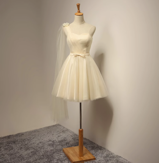 Champagne A-line sweetheart neck tulle short prom dress, champagne bridesmaid dress ED0971