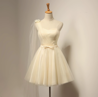 Champagne A-line sweetheart neck tulle short prom dress, champagne bridesmaid dress ED0971