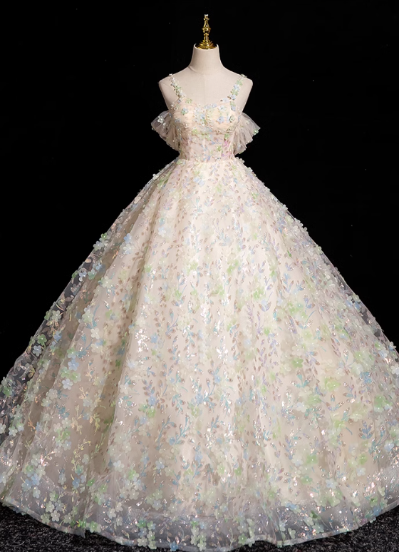 Champagne A-line sweetheart neck tulle beaded long prom dress, champagne formal long dress ED01152