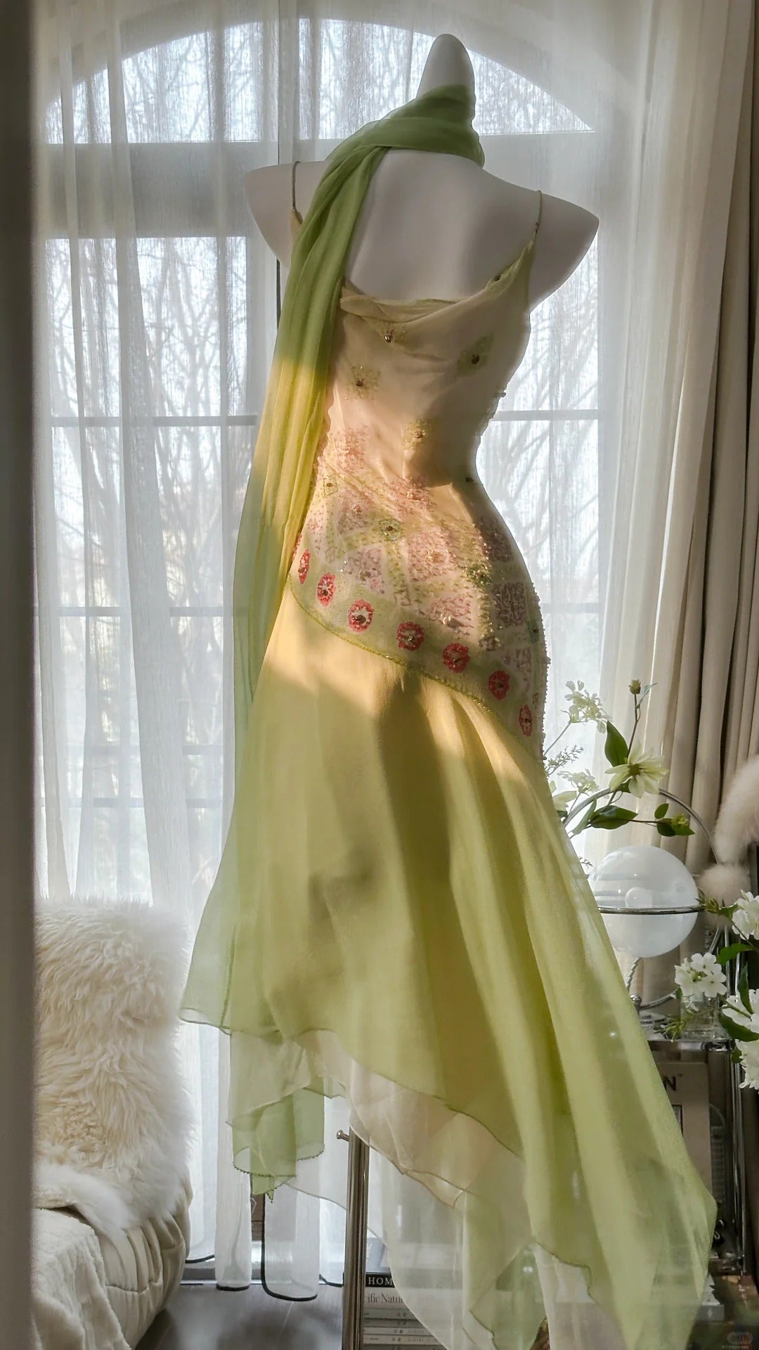 Green Elegant Romantic Delicate Floral Beading Spaghetti Strap Long Chiffon Homecoming Ball Gown Evening Dress Birthday/Wedding Guest/Holiday Party Dress Prom Dress gh4024