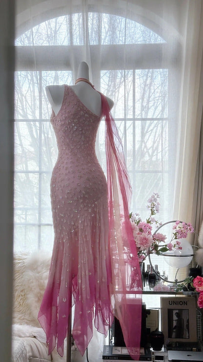 Pink Gradient Luxury Gorgeous Retro Fashion Exquisite Beaded Long Chiffon Ball Dress Birthday Party Dress Evening Dress Prom Dress gh3974
