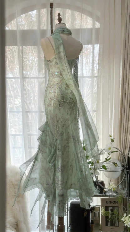 Mint Green Romantic Fashion Elegant Exquisite Beading Spaghetti Straps Long Tulle Chiffon Ruffle Ball Gown Evening Dress Party Dress gh4058