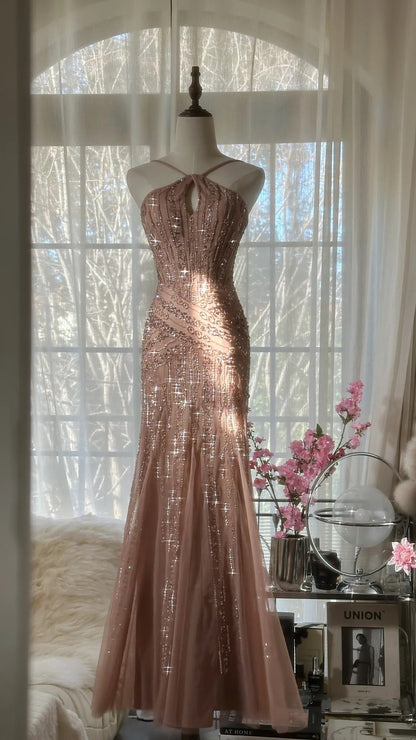 Rose pink luxury gorgeous elegant romantic exquisite beaded long chiffon ball gown evening dress party dress prom dress Valentine's Day date dress gh4047