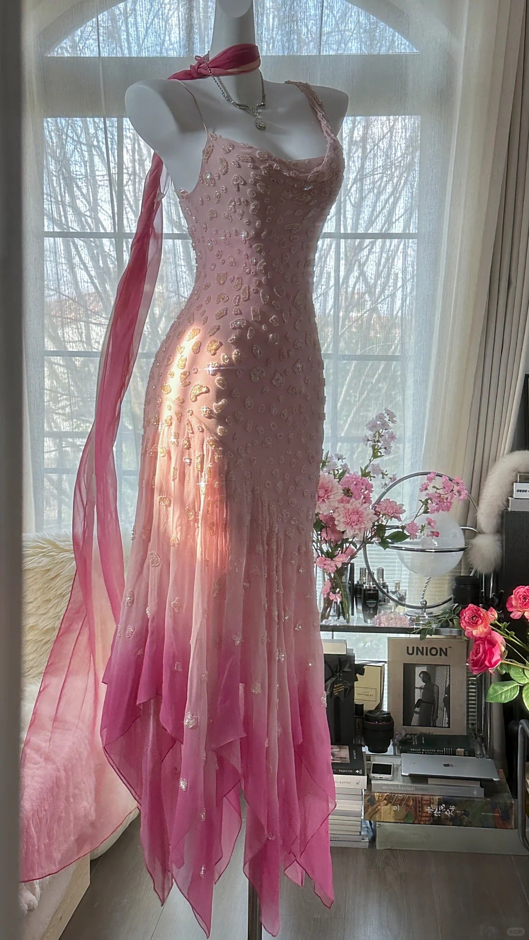 Pink Gradient Luxury Gorgeous Retro Fashion Exquisite Beaded Long Chiffon Ball Dress Birthday Party Dress Evening Dress Prom Dress gh3974