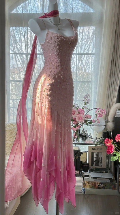 Pink Gradient Luxury Gorgeous Retro Fashion Exquisite Beaded Long Chiffon Ball Dress Birthday Party Dress Evening Dress Prom Dress gh3974