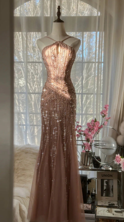 Rose pink luxury gorgeous elegant romantic exquisite beaded long chiffon ball gown evening dress party dress prom dress Valentine's Day date dress gh4047