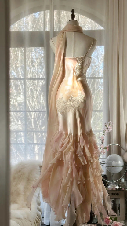 Light Pink Gorgeous Exquisite Beading Spaghetti Strap Long Chiffon Satin Ball Gown Evening Dress Birthday/Holiday Party Dress Prom Dress gh4064