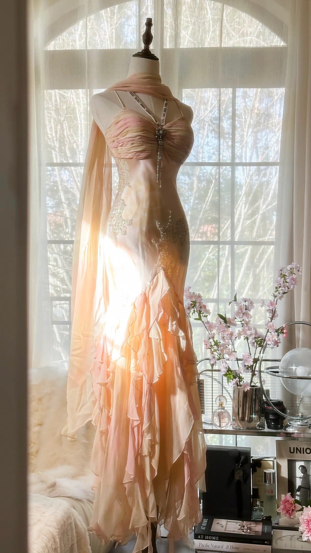 Light Pink Gorgeous Exquisite Beading Spaghetti Strap Long Chiffon Satin Ball Gown Evening Dress Birthday/Holiday Party Dress Prom Dress gh4064