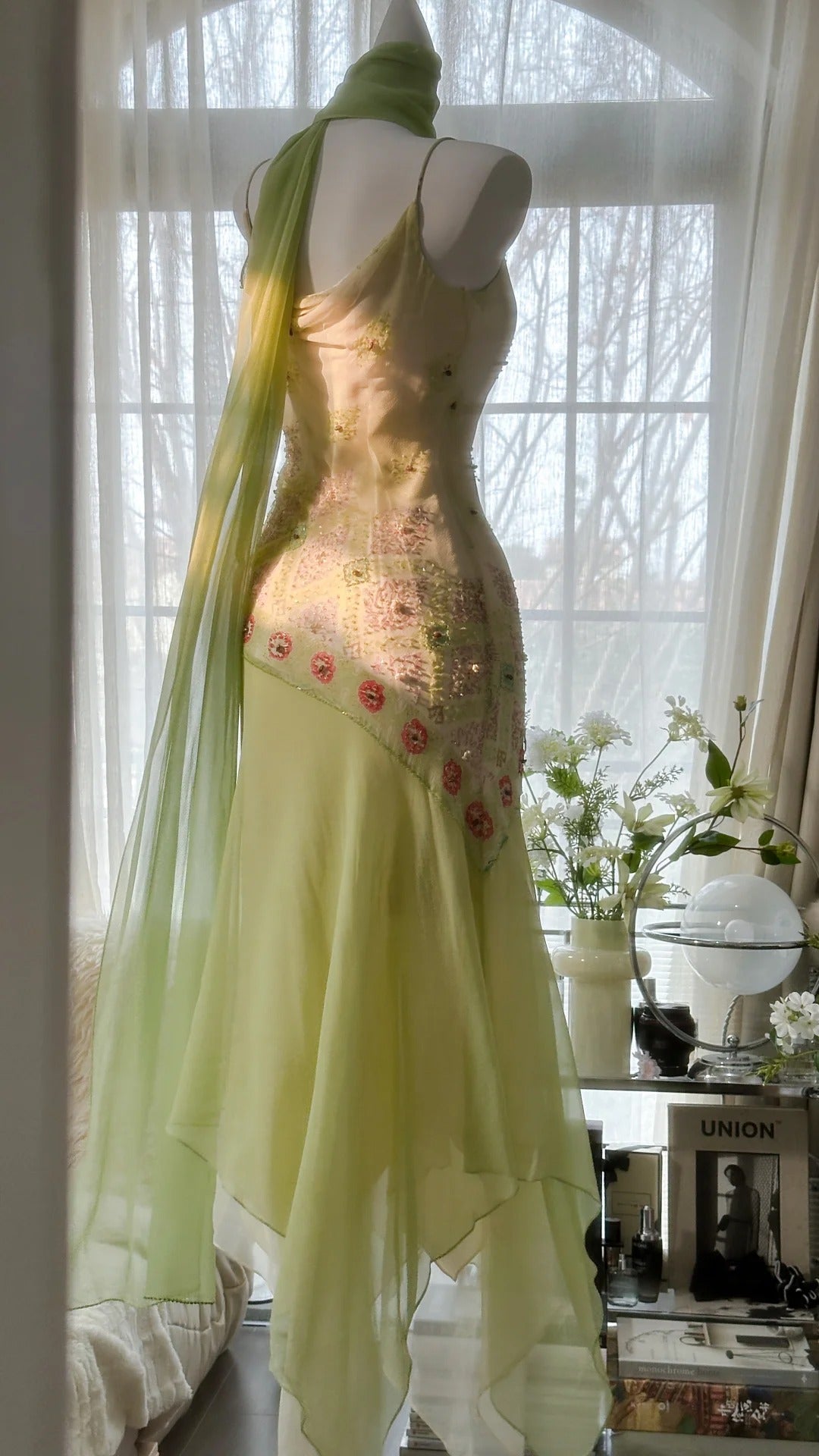 Green Elegant Romantic Delicate Floral Beading Spaghetti Strap Long Chiffon Homecoming Ball Gown Evening Dress Birthday/Wedding Guest/Holiday Party Dress Prom Dress gh4024