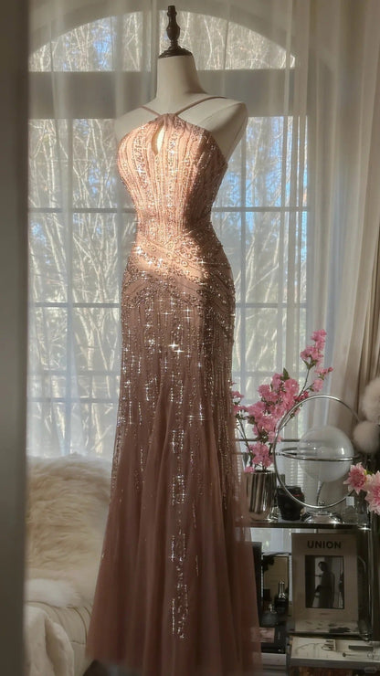 Rose pink luxury gorgeous elegant romantic exquisite beaded long chiffon ball gown evening dress party dress prom dress Valentine's Day date dress gh4047