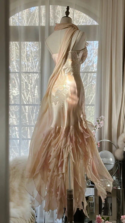 Light Pink Gorgeous Exquisite Beading Spaghetti Strap Long Chiffon Satin Ball Gown Evening Dress Birthday/Holiday Party Dress Prom Dress gh4064