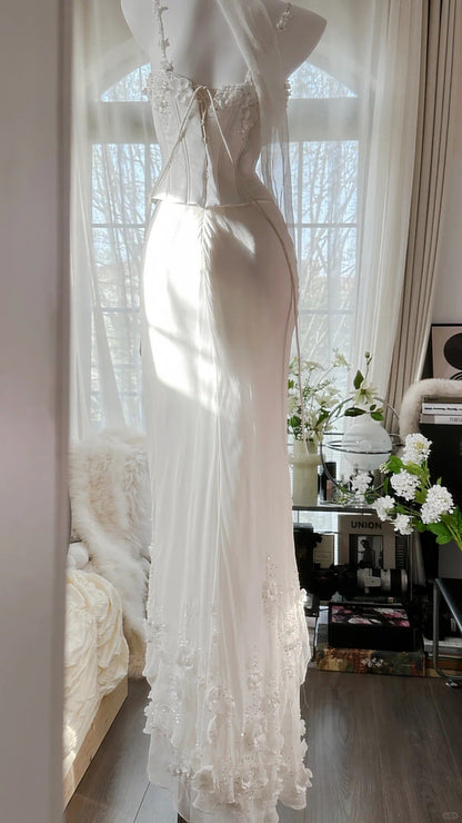 White Elegant Fashion Exquisite Floral Beaded Long Chiffon Ball Gown Evening Dress Party Dress Two Piece Set gh4005