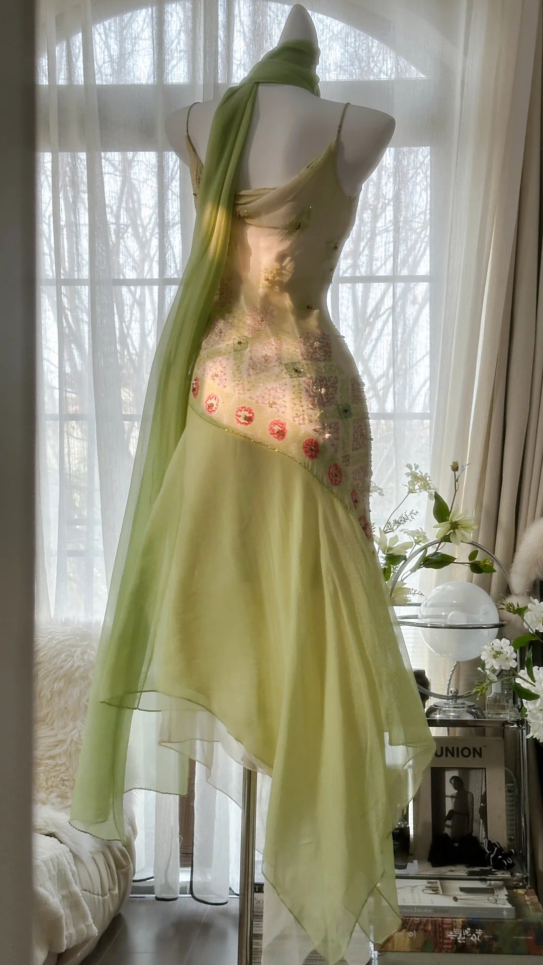 Green Elegant Romantic Delicate Floral Beading Spaghetti Strap Long Chiffon Homecoming Ball Gown Evening Dress Birthday/Wedding Guest/Holiday Party Dress Prom Dress gh4024