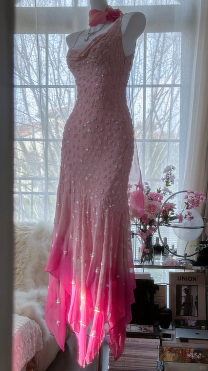 Pink Gradient Luxury Gorgeous Retro Fashion Exquisite Beaded Long Chiffon Ball Dress Birthday Party Dress Evening Dress Prom Dress gh3974