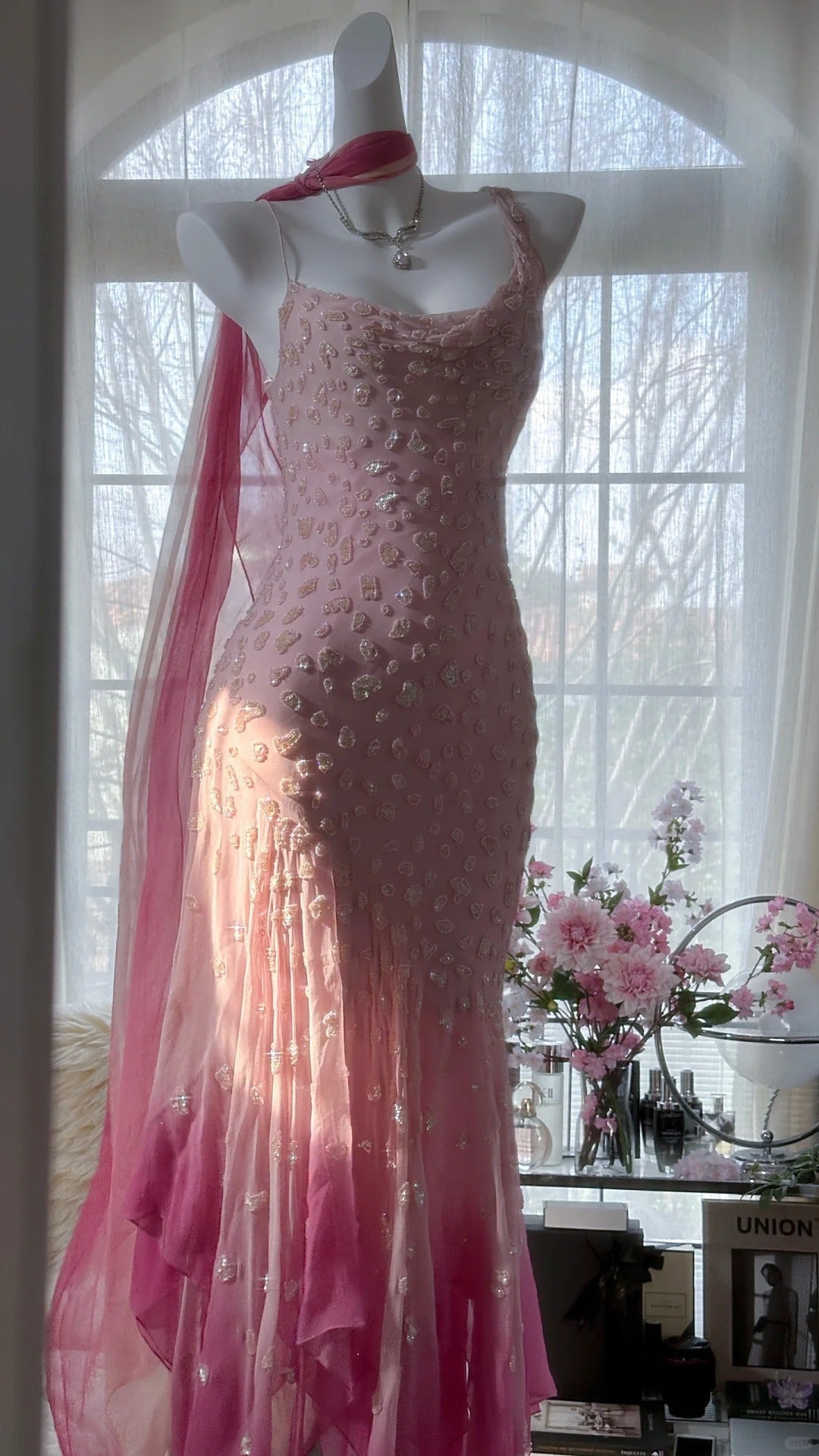 Pink Gradient Luxury Gorgeous Retro Fashion Exquisite Beaded Long Chiffon Ball Dress Birthday Party Dress Evening Dress Prom Dress gh3974