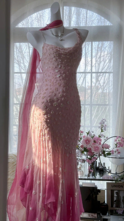 Pink Gradient Luxury Gorgeous Retro Fashion Exquisite Beaded Long Chiffon Ball Dress Birthday Party Dress Evening Dress Prom Dress gh3974