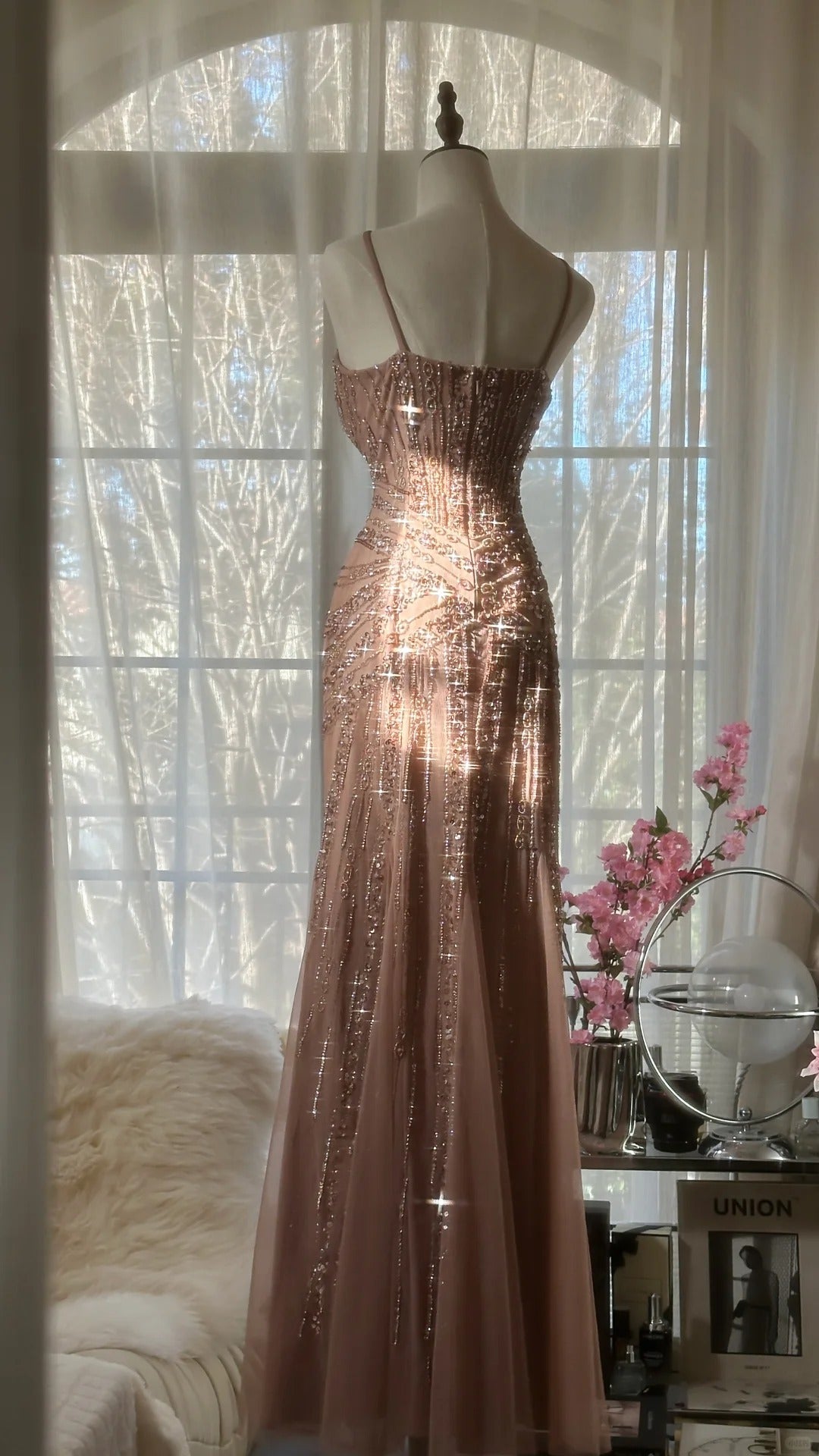 Rose pink luxury gorgeous elegant romantic exquisite beaded long chiffon ball gown evening dress party dress prom dress Valentine's Day date dress gh4047