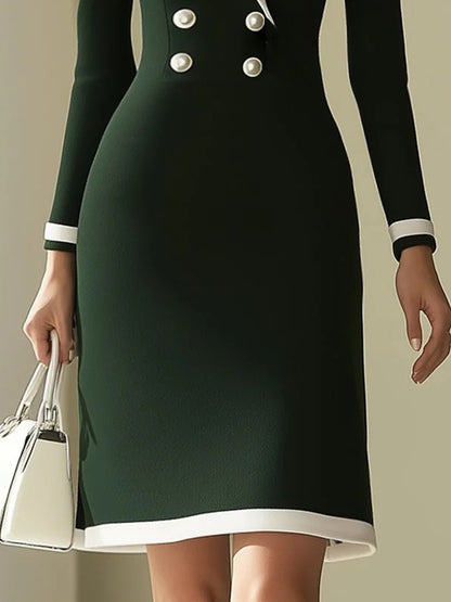 Retro And Fashionable Temperament White And Green Midi Dress