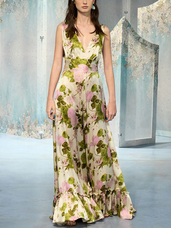 Yellow V-neck Sleeveless Print Maxi Dress