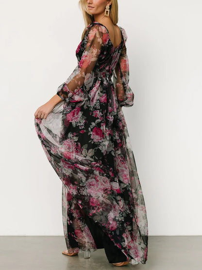 V-neck Long Sleeve Print Maxi Dress