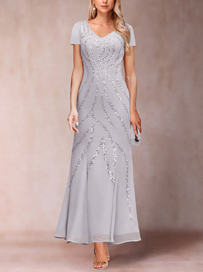 Sheath/Column V-Neck Ankle-Length Evening Dresses With Jacket & Sequins
