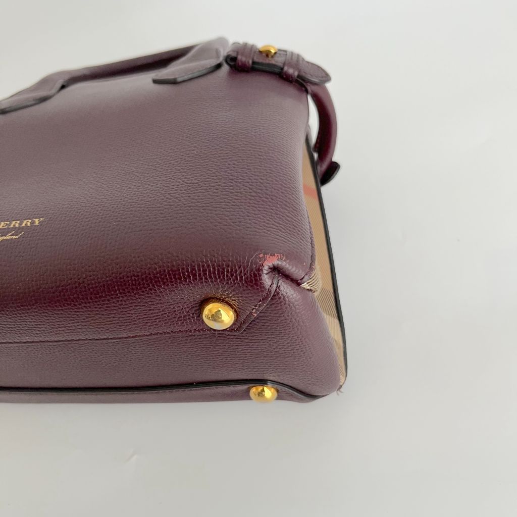 Burberry Burgundy/Beige Leather and House Check Fabric small banner tote