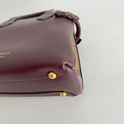 Burberry Burgundy/Beige Leather and House Check Fabric small banner tote
