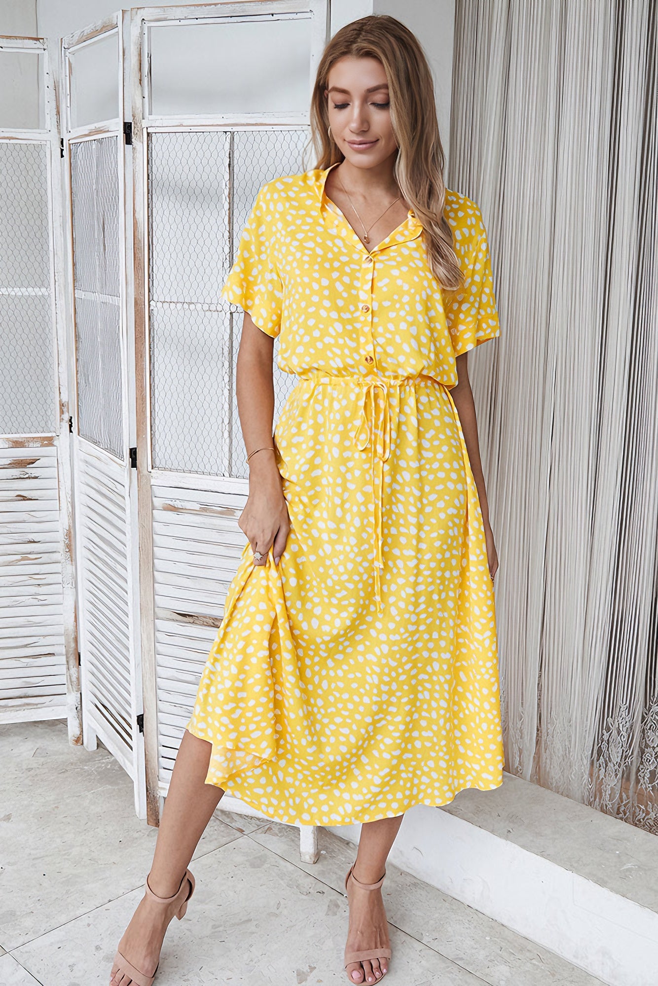 loveedsTM-Polka-dot print short-sleeved midi dress