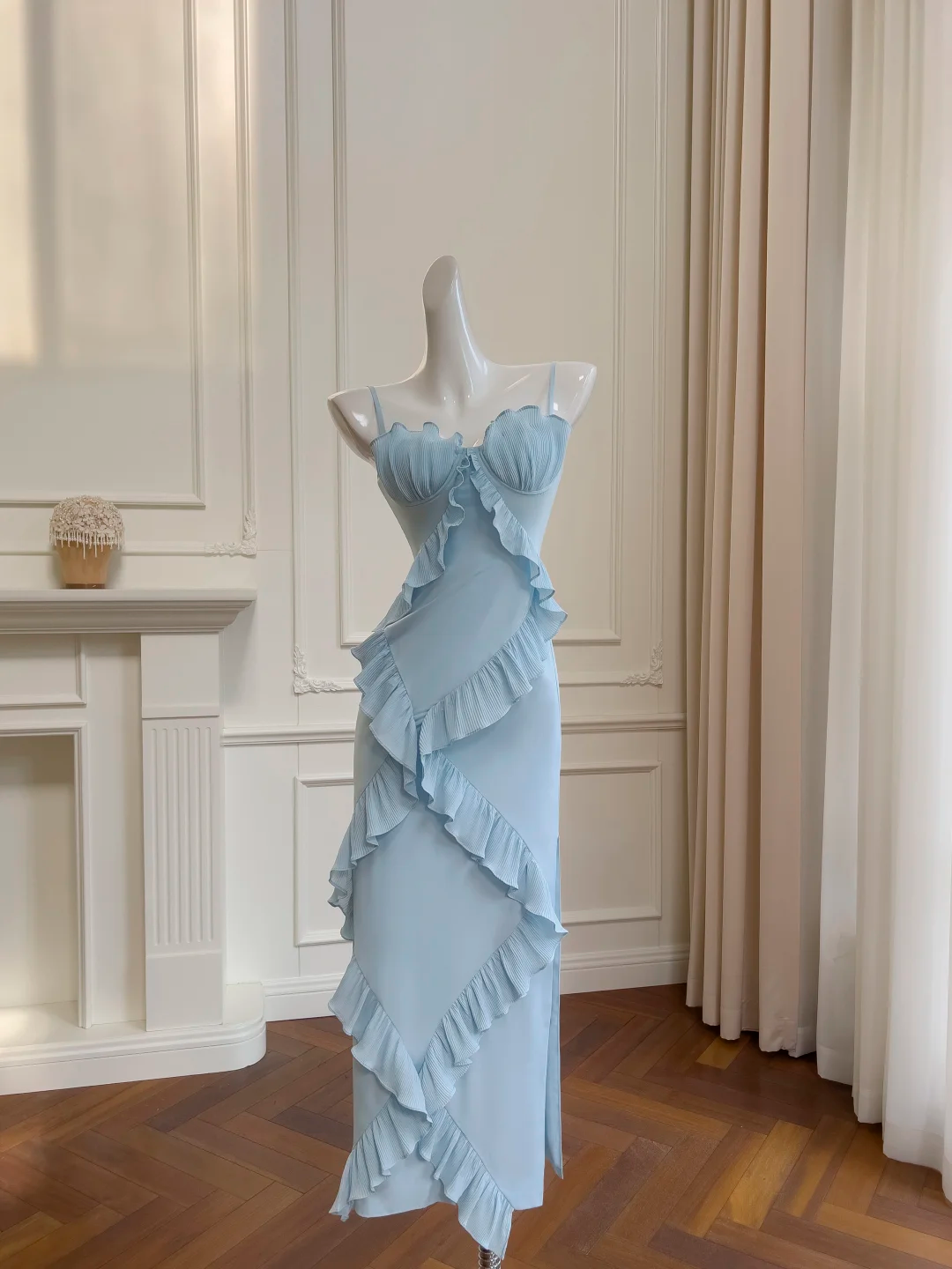 Gentle Sheath Spaghetti Strap Ruffle Blue Chiffon Prom Dress Wedding Guest Dress SH3014