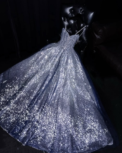 Shiny A Line Spaghetti Strap Rhinestone Silver Sequin Long Prom Dress Graduation Prom Dress SH2488