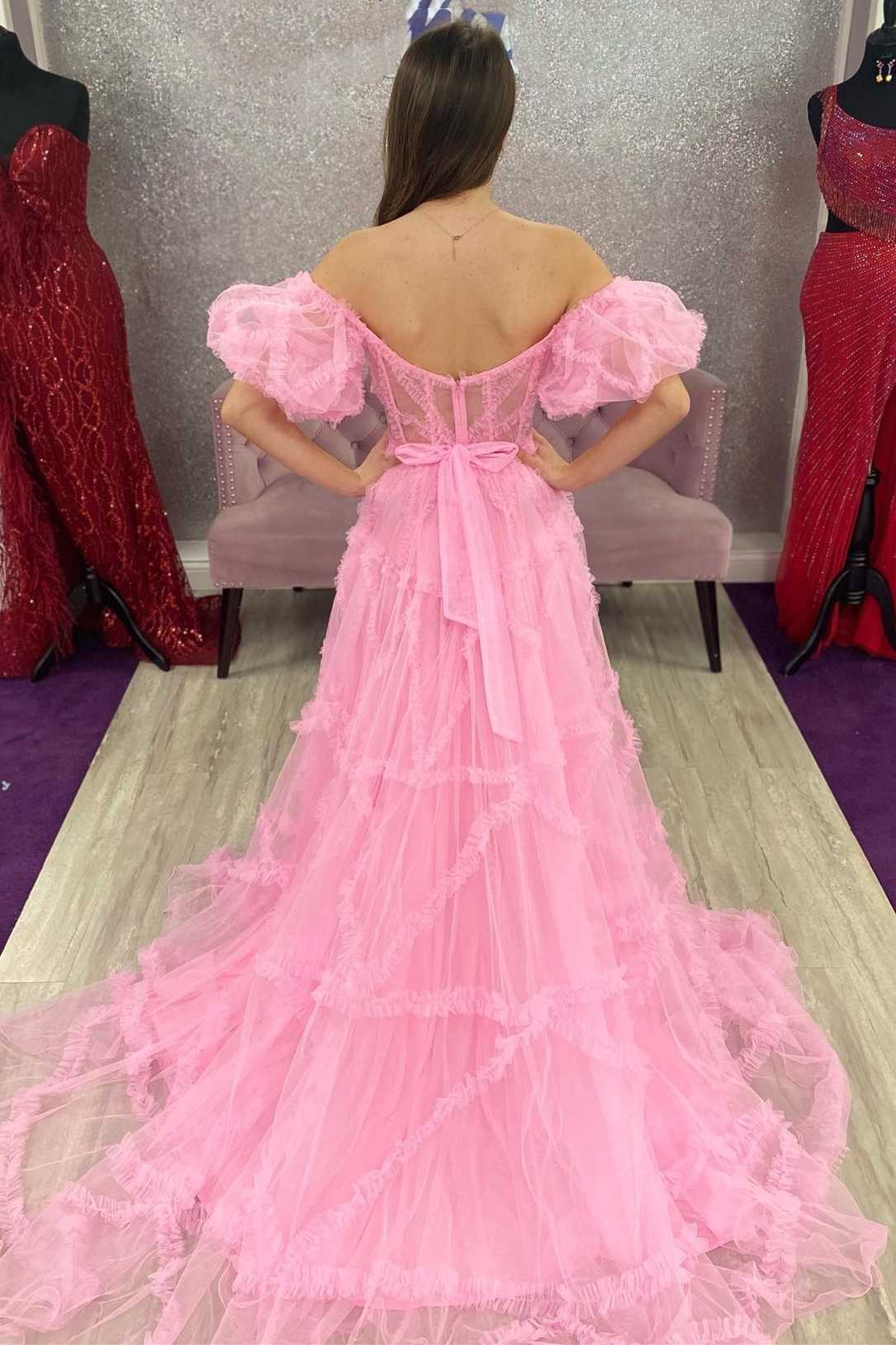 Off The Shoulder Ruffles Pink Long Prom Dress Tulle Formal Gown