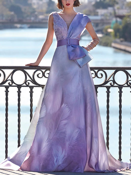 Printed Organza Dress with Rhinestones Lace