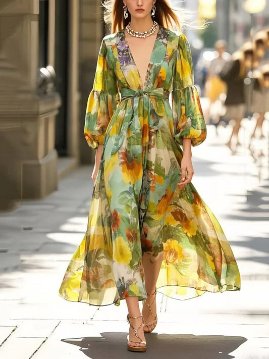 V-neck Chiffon Print Maxi Dress
