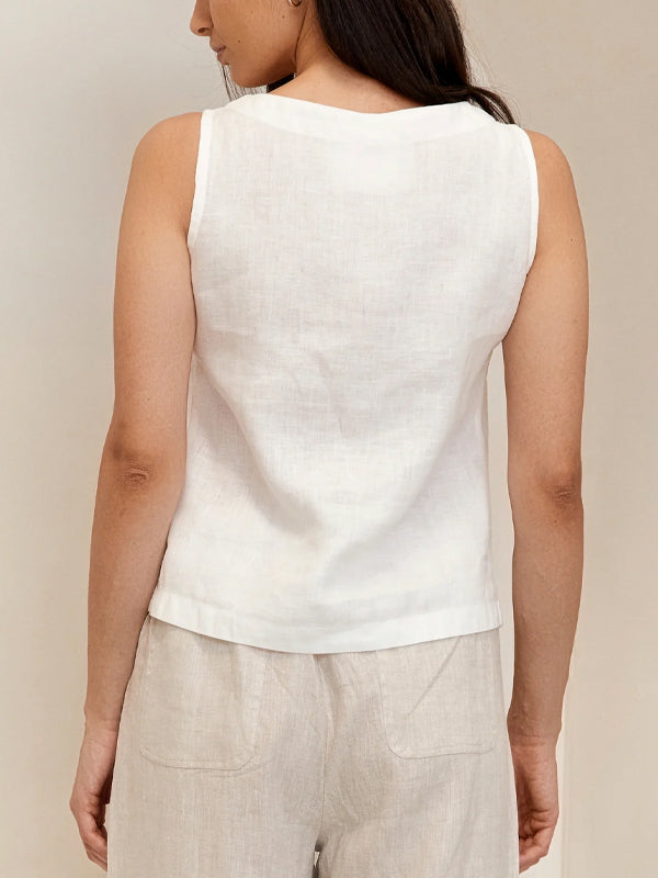 Round Neck Sleeveless Solid Color Cotton And Linen Top