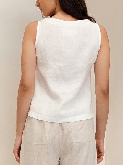 Round Neck Sleeveless Solid Color Cotton And Linen Top