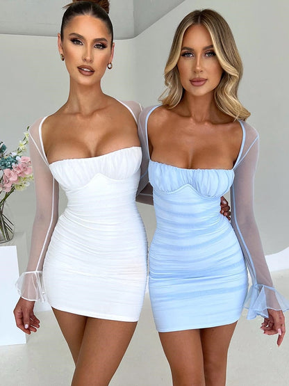 loveedsTM - Elegant Backless Sexy Mini Dress For Women Robe Two Layer Mesh Full Sleeve Zipper Bodycon Party Short Dress