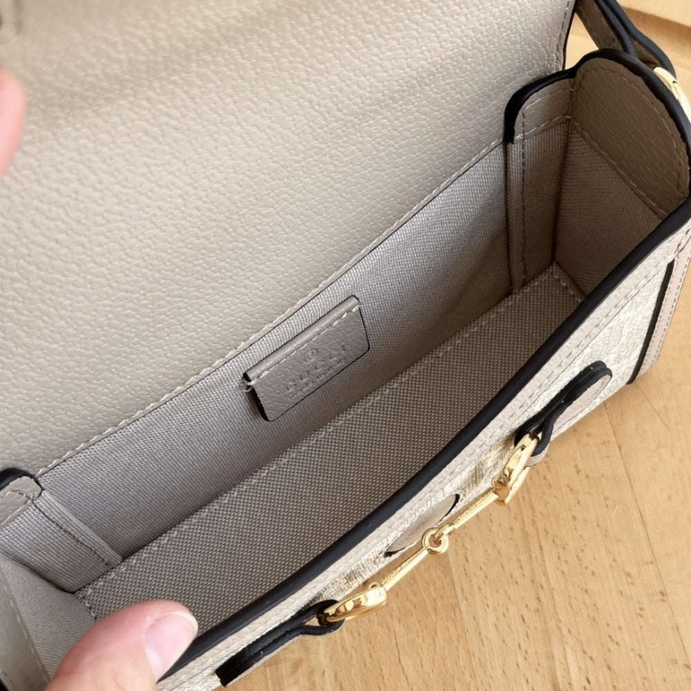 GUCCI HORSEBIT 1955 MINI BAG ‎BEIGE AND WHITE GG SUPREME 18CM ‎‎699296 UULBG 9683