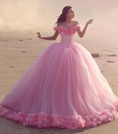 Romantic Poofy Pink Floral Wedding Dresses Off the Shoulder Ball Gown Quinceanera Dress SA933