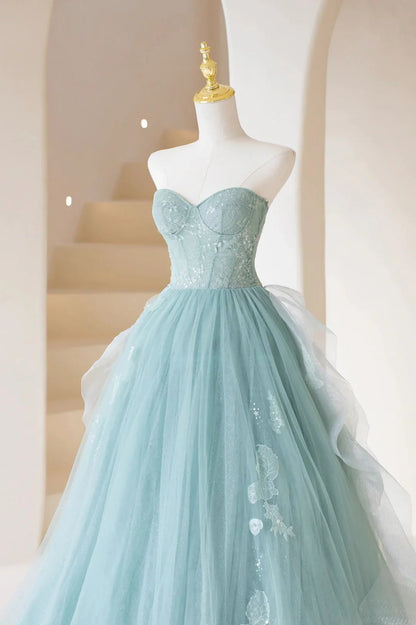 Green Lace Tulle A-Line Long Formal Dress, Green Strapless Evening Dress gh2581