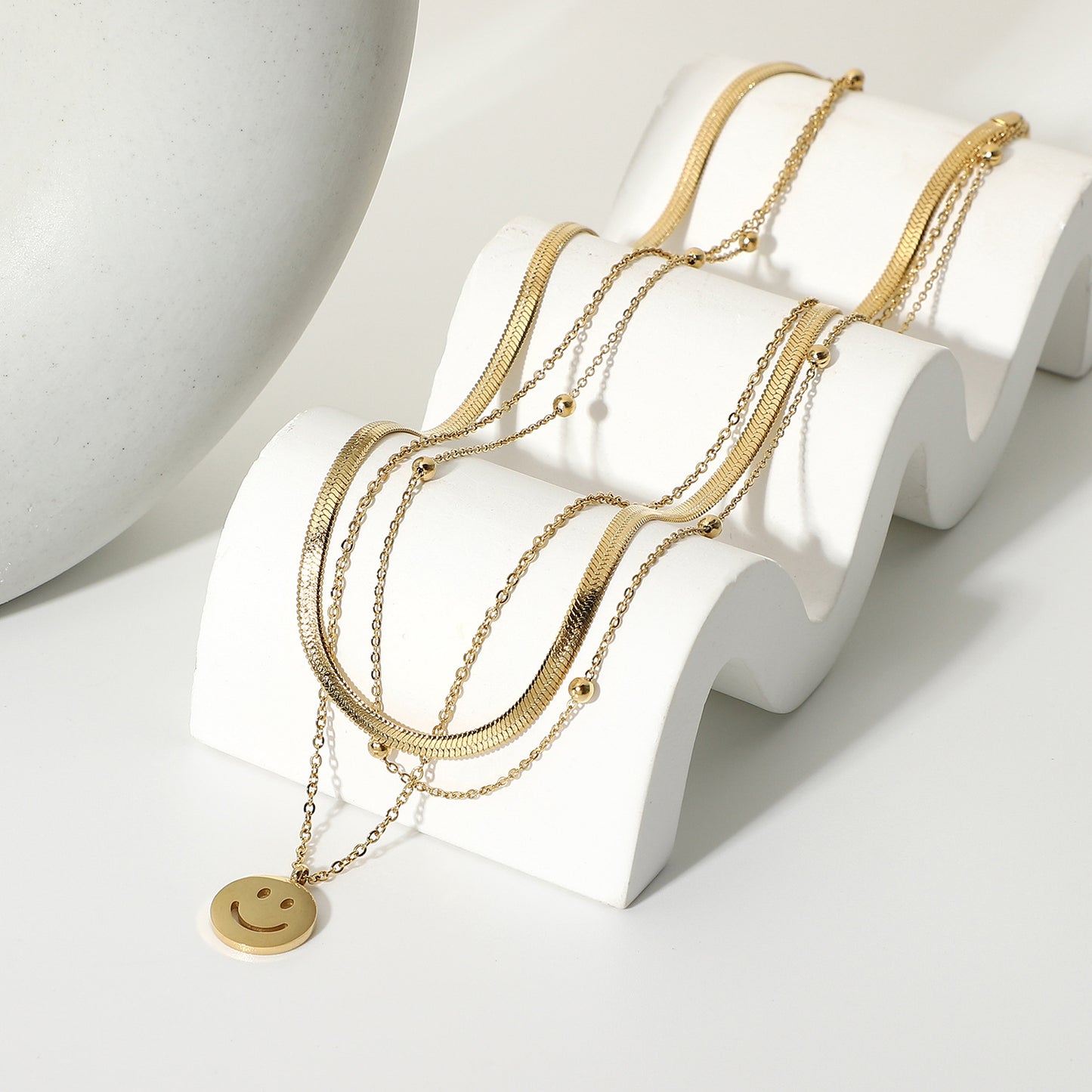 Three Layers Snake Chain Smiley Pendant Necklace